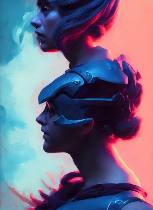 Image similar to side portrait, imogen poots, paladin, gloomhaven, organic painting, hard edges, red - blue tones, luminescent, octane render, by greg manchess, huang guangjian, gil elvgren, sachin teng, greg rutkowski, jesper ejsing, rhads, ilya kuvshinov, cushart krenz