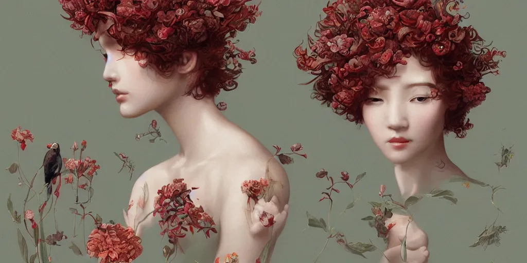 Image similar to breathtaking detailed concept art painting blend of red short curly hair goddesses of flowers by hsiao - ron cheng with anxious piercing eyes, vintage illustration pattern with bizarre compositions blend of flowers and fruits and birds by beto val and john james audubon, exquisite detail, extremely moody lighting, 8 k