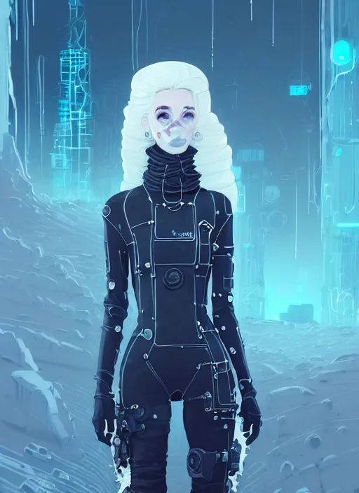 Image similar to highly detailed portrait of wasteland punk long curly white icey shard hair cyber ninja lady, stray wiring by atey ghailan, james gilleard, by joe fenton, by greg rutkowski, by greg tocchini, by kaethe butcher, 4 k resolution, gradient blue, cyan, black and white color scheme!!! ( ( snowy glaciated robotic dystopian city background ) )