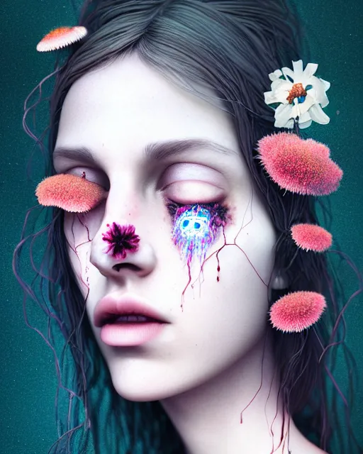 Prompt: a digital horror portrait of a beautiful sad woman with flowers and fungus growing out of her head and petals dripping from her eyes, intricate, sharp focus, digital illustration, highly detailed, octane render, digital painting, matte, art by professional artist