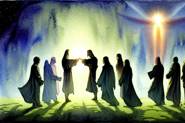 Image similar to a realistic and atmospheric watercolour fantasy character concept art portrait of a group of christians wearing robes greeting an alien that is standing below a ufo. they are emerging from the mist on the moors of ireland at night. a ufo is in the background. by rebecca guay, michael kaluta, charles vess and jean moebius giraud