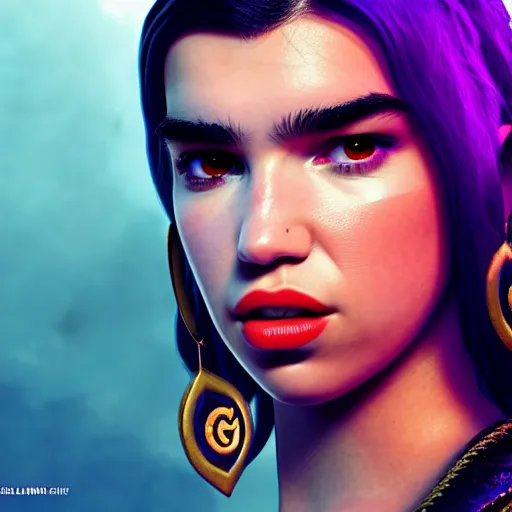 Image similar to Dua Lipa as a magic caster League of Legends playable character, realistic, 4k, highly detailed