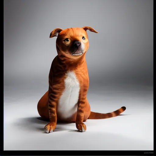 Image similar to photo of a catdog hybrid, 8k, studio photography, bright lighting