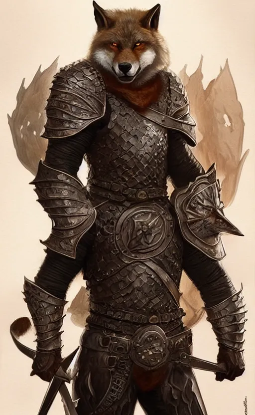 Prompt: male stocky werefox warrior in leather armour, holding a scimitars, feywild, d & d, fantasy, intricate and very beautiful and highly detailed, elegant, digital painting, artstation, concept art, matte, smooth and sharp focus, illustration, art by artgerm and greg rutkowski