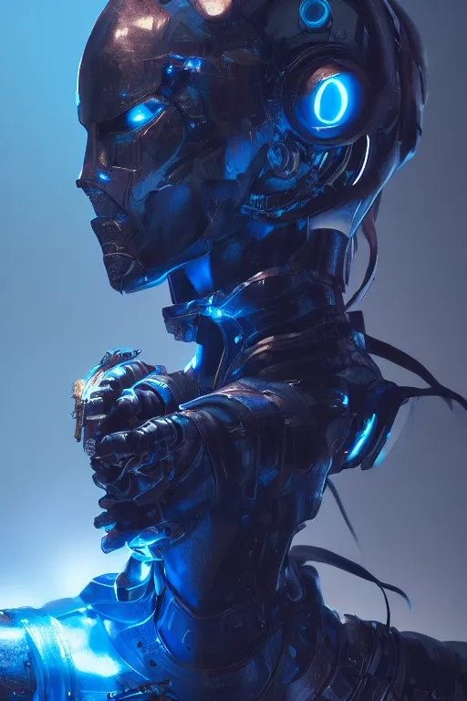 Image similar to Incredibly cyberpunk knight by Ash Thorp and Artgerm, blue LED lights, extremely proportionate face, sharp focus, hyper detailed, octane render, biomechanical, volumetric lighting