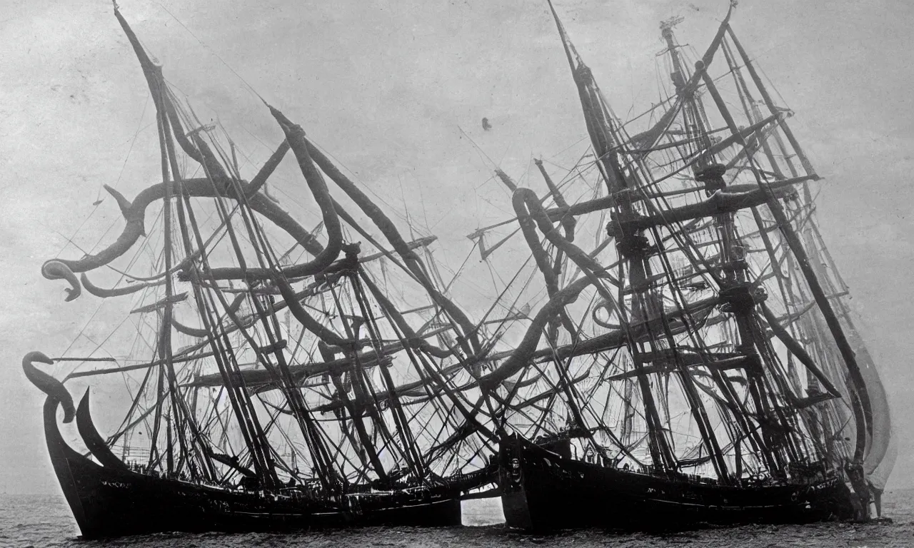 Image similar to the bluenose schooner is being attacked by a giant squid. old black and white photo