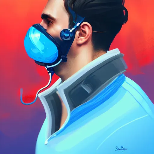 Image similar to a profile photo of a man with oxygen mask, side profile in underwater, highly detailed, digital painting, artstation, concept art, smooth, sharp focus, illustration by Sandra Chevrier