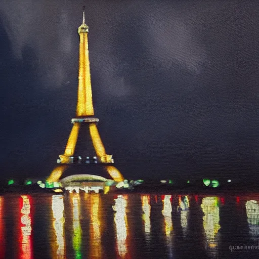 Image similar to an oil painting of the eiffel tower on a dark stormy evening utilizing volumetric lighting