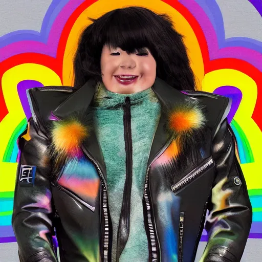 Image similar to wide angle full body, jacket wearing fluffy cute rainbow kitten wearing a black leather motorcycle jacket, concept art