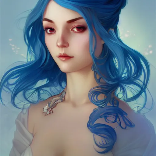 Prompt: A beautiful goddess with blue hair, highly detailed, digital painting, smooth, sharp focus, illustration, art by artgerm and alphonse mucha, high definition digital art, in the style of Ross tran and ilya kuvshinov