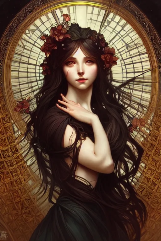 Prompt: beautiful, dark fantasy, intricate, elegant, highly detailed, digital painting, artstation, concept art, matte, sharp focus, illustration, art by artgerm and alphonse mucha