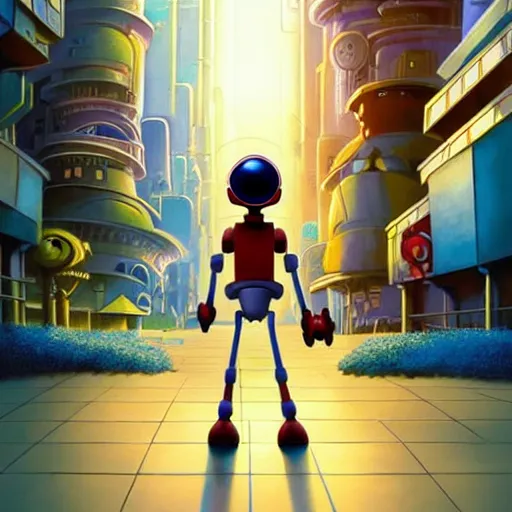 Image similar to a spectacular film poster of an adventurous boy ( facing the camera ) and his small robot friend, modern city background, eleborate composition with foreground and background, depth of field, fantasy illustration by kyoto studio and don bluth, disney animation film poster, cinematic lighting