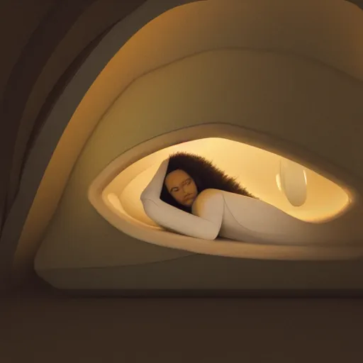 Image similar to a woman lying inside a hibernation pod, side view, in the style of blade runner, high tech, photoreal, dramatic lighting, unreal engine 5, octane rendering, ray tracing - w 1 0 2 4