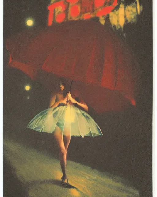 Prompt: an instant photo of a girl meeting the devil in the rain at night, 1 9 7 0 s, seventies, wallpaper, delicate embellishments, painterly, offset printing technique, by brom, robert henri, walter popp