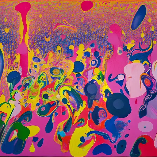 Prompt: people in the crowd, an ultrafine detailed painting by peter max and francis bacon and fiona rae and maryam hashemi and hernan bas and anna mond and max gubler, featured on deviantart, metaphysical painting, neo expressionism, melting paint, biomorphic, mixed media, photorealistic, dripping paint, palette knife texture, masterpiece