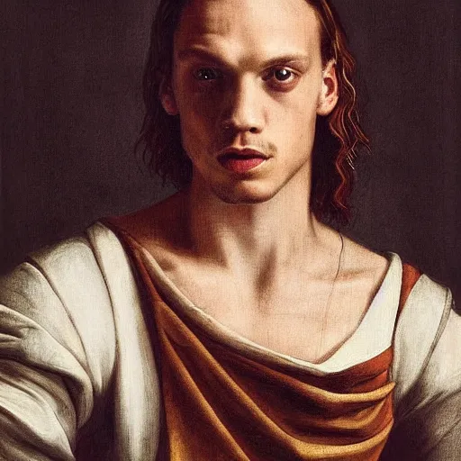 Image similar to renaissance painting of jamie campbell bower, detailed