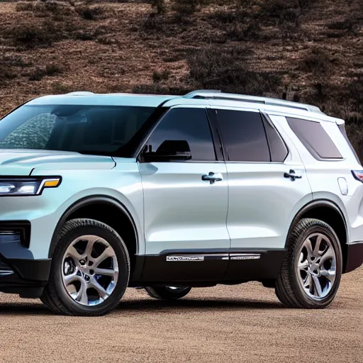 Prompt: High angle, photo of an SUV inspired by a 2022 Ford Explorer and 2022 Chevrolet Tahoe, white