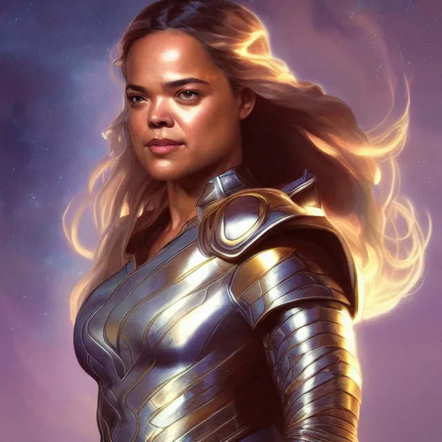 Prompt: close up portrait of tessa thompson as thor wearing shiny silver armor, glowing hair, glowing light armor, subsurface scattering, ethereal, artistic, temple background with light rays, fantasy atmosphere. art by artgerm, greg rutkowski and alphonse mucha, 3 d artstation octane render,