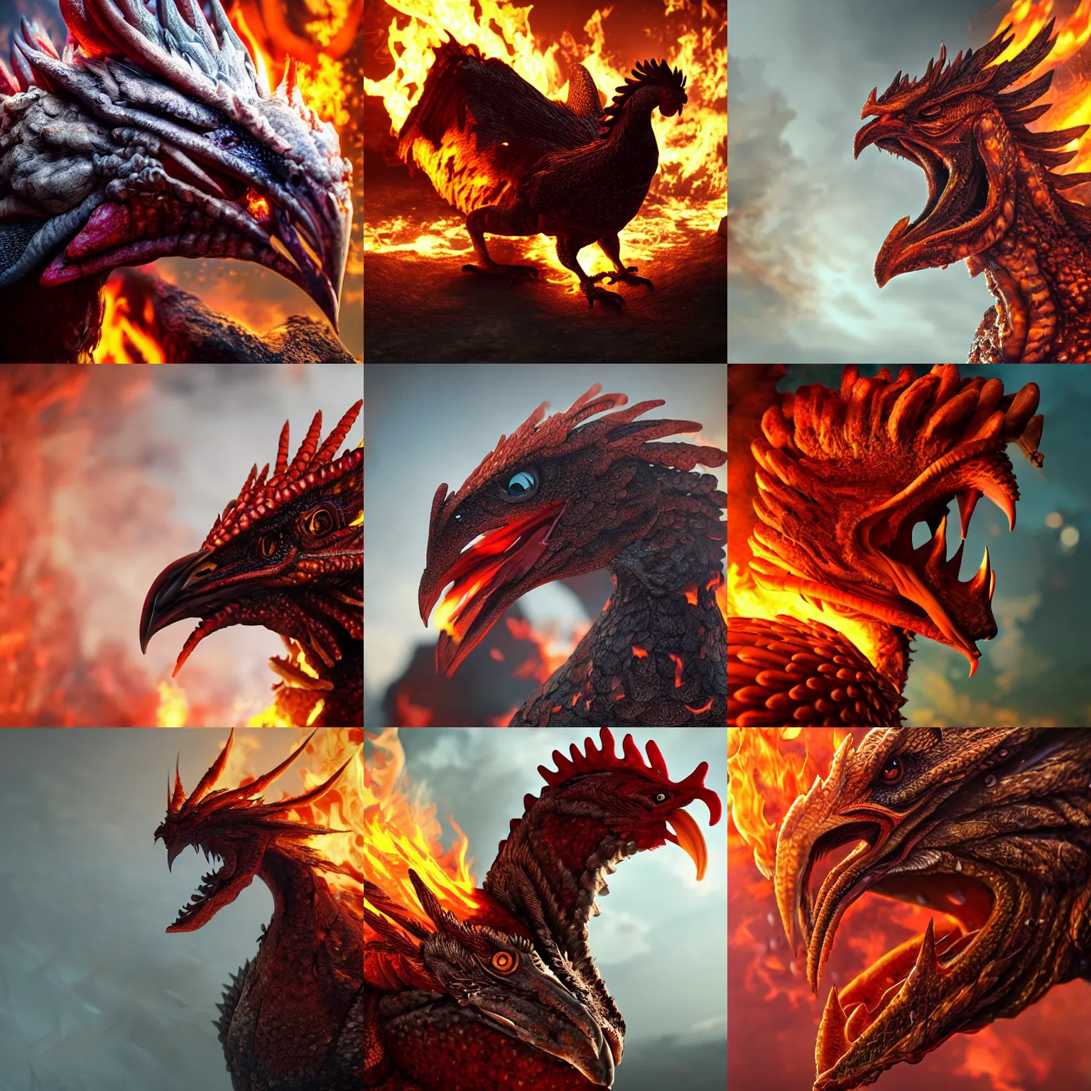 Prompt: a closeup photorealistic photograph of a chicken dragon from hell. professional capture, well lit shot. fire and flames. trending on artstation, featured on behance, well - rendered, extra crisp, features intricate detail, epic composition and the style of unreal engine.