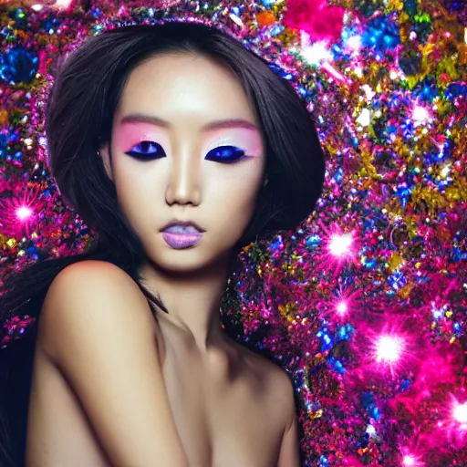 Image similar to japanese model with maximalist hair style and makeup, bright colors, fashion model, portrait shot, glitter, depth of field, 8 k, hyper detailed, intricate, trending on artstation