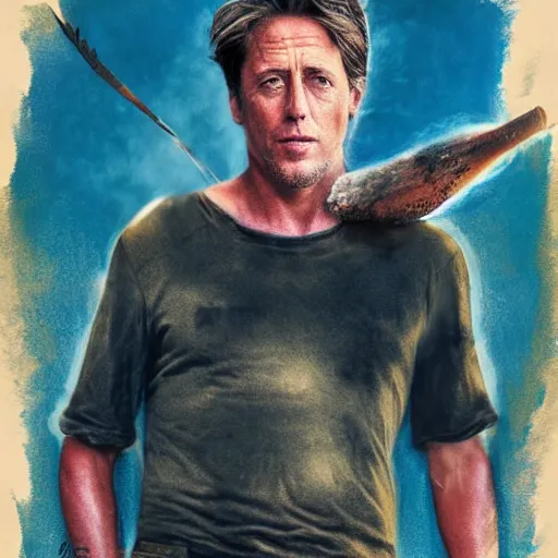 Prompt: hugh grant man vs wild, born survivor, bonfire, mud, man in white t - shirt, art by beskow elsa,