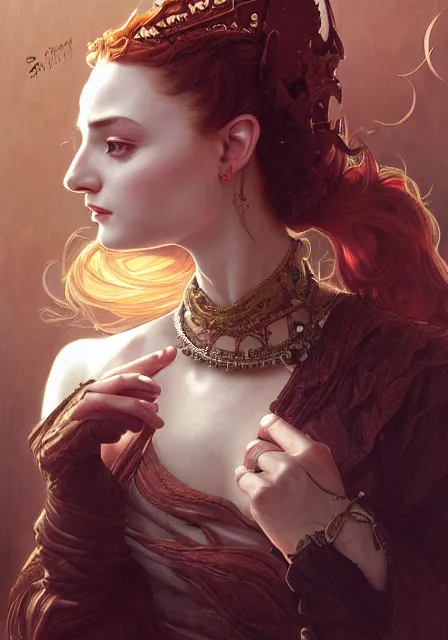 Image similar to portrait of sansa demon, intricate, elegant, highly detailed, digital painting, artstation, concept art, smooth, sharp focus, illustration, art by artgerm and greg rutkowski and alphonse mucha and william - adolphe bouguereau