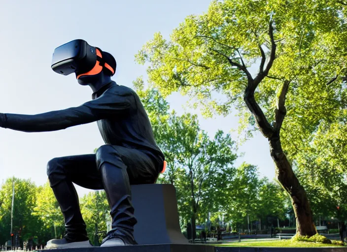 Image similar to photo still of a bronze statue of a man gaming in vr in a park on a bright sunny day, 8 k 8 5 mm f 1 6