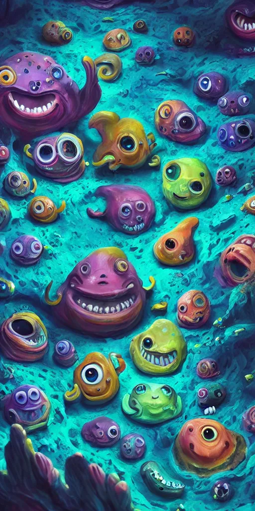 Image similar to of a colorful deep sea cave with strange cute friendly happy creatures with huge eyes, mouth, long tongue and round teeth appearing from sandy coral, in the style of gehry and gaudi, macro lens, shallow depth of field, ultra detailed, digital painting, trending artstation, concept art, illustration, cinematic lighting, photorealism, epic, octane render