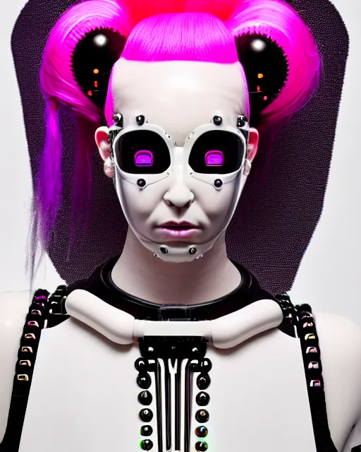 Prompt: symmetrical portrait of a biomechanical cyborg wearing a silicone swarovski studded iridescent beauty mask and neon pink hair buns, wearing a black bodysuit by alexander mcqueen, cream white background, soft diffused light, biotechnology, humanoid robot, bjork aesthetic, translucent, by rineke dijkstra, intricate details, highly detailed, masterpiece,