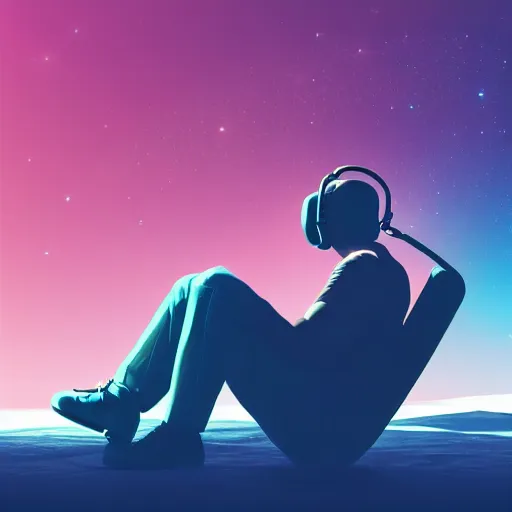 Image similar to male wearing headphones sitting on the moon, calm, soothing, relaxed, cosy, quiet, elegant, style of vaporwave, neon, futuristic, 80's,