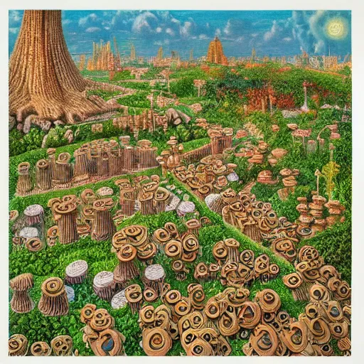 Image similar to city made of mushrooms and plants, 1 9 2 0 ’ s colored pencil, highly detailed, highly accurate, abstract art, deep aesthetic, 8 k, highly ornate intricate details, cinematic lighting, rich colors, ray tracing, hyperrealistic, photorealistic, cinematic landscape, trending on artstation,