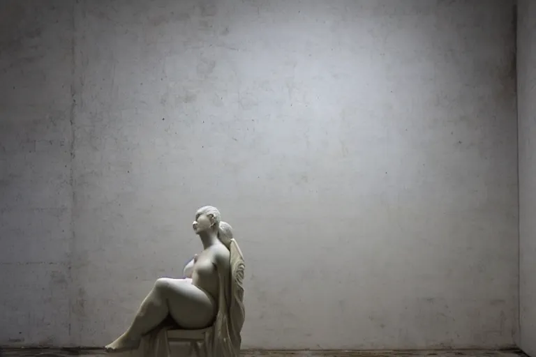 Image similar to a sculpture of a beautiful woman sitting on a chair, a white marble sculpture covered with floating wax by nicola samori, behance, neo - expressionism, marble sculpture, apocalypse art, made of mist