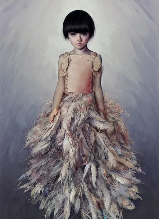 Image similar to little girl with an eccentric haircut wearing an dress made of feathers, artwork made by ilya kuvshinov and donato giancola