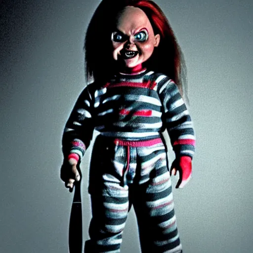 Image similar to Chucky the killer doll standing in a dark room holding a knife, scary lighting