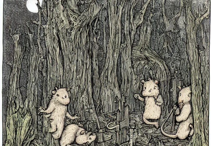 Image similar to possums dressed like a monk at a scary medieval cemetery in the middle of the forest at night, isometrical, highly detailed, by Maurice Sendak, colorized