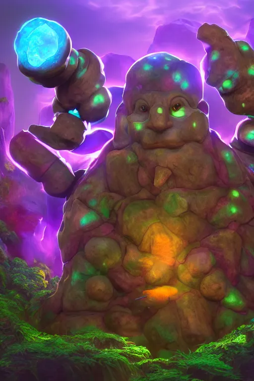 Image similar to arcane fantasy art giant golem elemental wood rock bastion forged gemstone enchanted forest troll, global illumination ray tracing hdr fanart arstation by sung choi and eric pfeiffer and gabriel garza and casper konefal lisa frank zbrush central hardmesh radiating a glowing aura