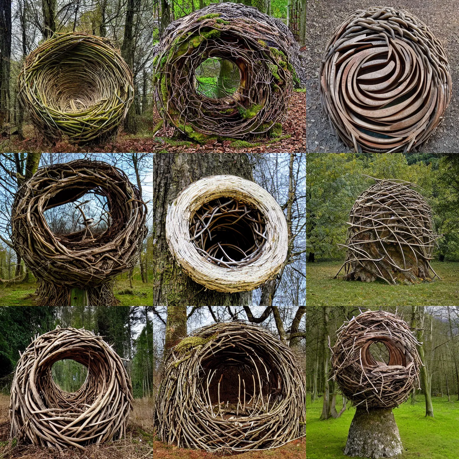 Prompt: an environment art sculpture by Nils-Udo, leaves twigs wood, nature, natural, round form, a Bird nesting inside the structure, leaf spiral patterns around outside of structure