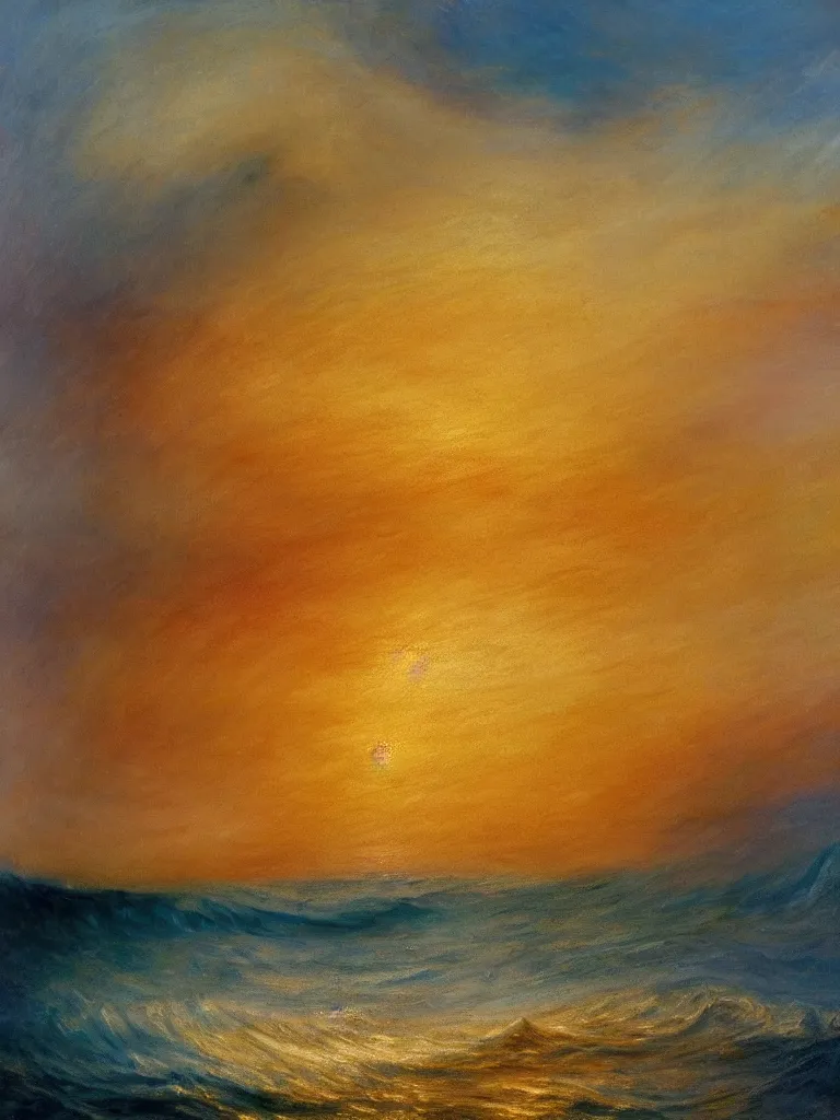 Prompt: a painting of beautiful waves in a colorful ocean during a breathtakingly misty sunset in the style of Joseph Mallord William Turner, artstudio, light oil color scheme