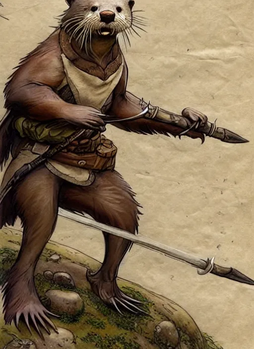 Image similar to a heroic otter scout with spear on a parchment background, redwall, greg rutowski and jean baptiste monge, detailed, epic fantasy concept art