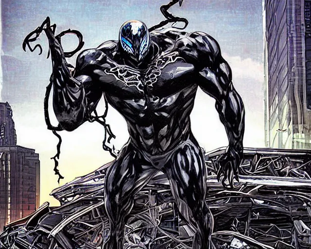 Image similar to Venom standing on top of a wrecked car in the city, open arms art by Clayton Crain and Gerardo Sandoval, Ultra detailed