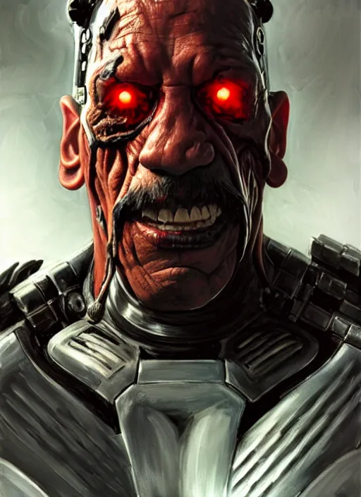 Image similar to danny trejo as victor stone, full body concept, cyborg, borg, strogg, face of a man, terminator, flesh, quake strogg, doom demon, wolfenstein, monstrous, powerful, symmetry, symmetrical, concept art by ruan jia and greg rutkowski