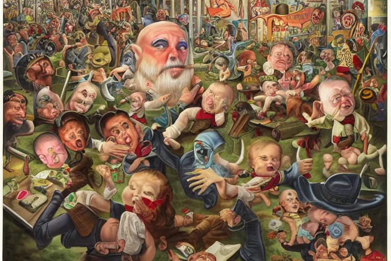 Image similar to a strange battle in an old hospital between old people and babies Robert Williams Mark Ryden and Alex Gross, Todd Schorr highly detailed