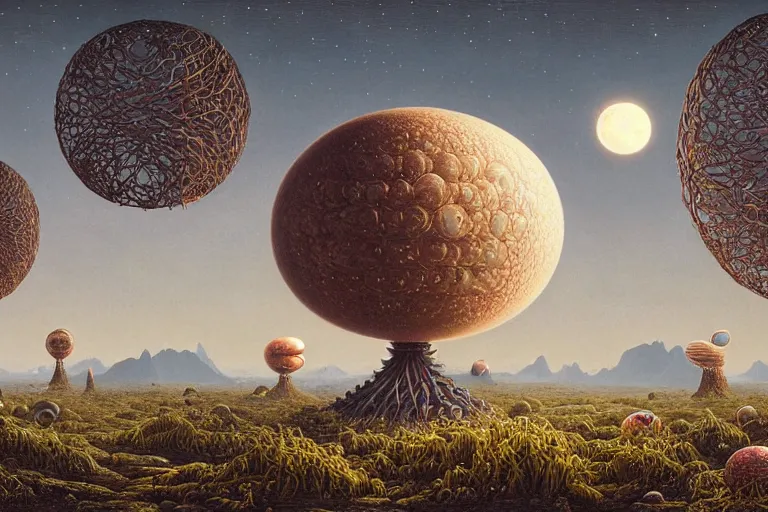 Image similar to a surreal and awe - inspiring science fiction landscape made of food, egg full moon, intricate, elegant, highly detailed matte painting by ernst haeckel and simon stalenhag