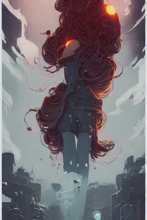 Image similar to a fancy portrait of sci - fi long curly blue haired lady, stray wiring by atey ghailan, james gilleard, by joe fenton, by greg rutkowski, by greg tocchini, by kaethe butcher, 4 k resolution, gradient red, orange, black and white color scheme!!! ( ( nebula dystopian city spiral background ) )