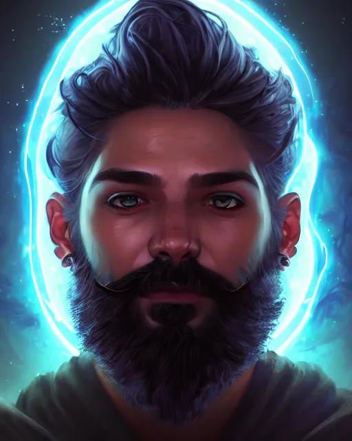 Prompt: epic fantasy comic book style portrait of a male bioluminescent man with a beard with glowing eyes, dark retrowave, highly detailed, digital painting, cinematic, hyperrealism, rpg portrait, dynamic lighting, art by stanley lau and artgerm and magali villeneuve and alphonse mucha, artstation, octane render, cgsociety