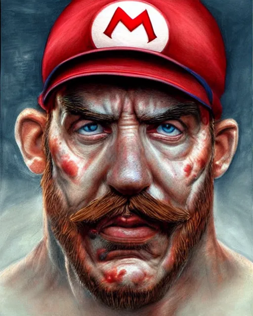 Prompt: portrait of real life super mario, red cap, gritty, dark, beautiful, very detailed, hyperrealistic, medium shot, very detailed painting by Glenn Fabry, by Joao Ruas