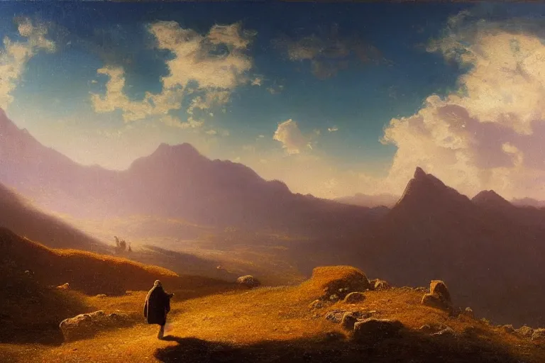 Prompt: a traveler wandering trough the mountains looking at the clouds, hyperdetailed, focused, oil painting, cinematic lighting, albert bierstadt, trending on artstation, colorful, canvas, sunset, centered, hans dahl, theodor kittelsen, hermann hendrich, national geographic, Konstantin Yakovlevich Kryzhitsky, beautiful nature, breathtaking, nordic