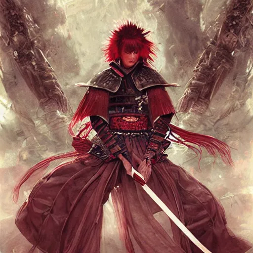 Prompt: an epic portrait of insane samurai wielding a spear, magical aura of insanity, intricate hakama, poofy red wig, eerie, highly detailed, dark fantasy, art by artgerm and greg rutkowski