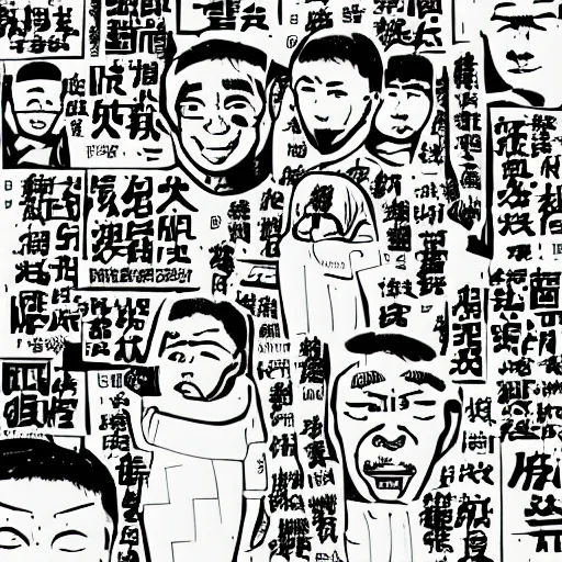 Image similar to chinese men in a prison, heart kidney lungs, in the style of daniel johnston and outsider art, 4k, line brush, overlaid with chinese adverts and mandarin text