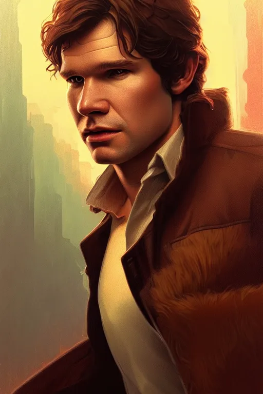 Prompt: a portrait of han solo, fantasy, sharp focus, intricate, elegant, digital painting, artstation, matte, highly detailed, concept art, illustration, ambient lighting, art by ilya kuvshinov, artgerm, alphonse mucha, and greg rutkowski